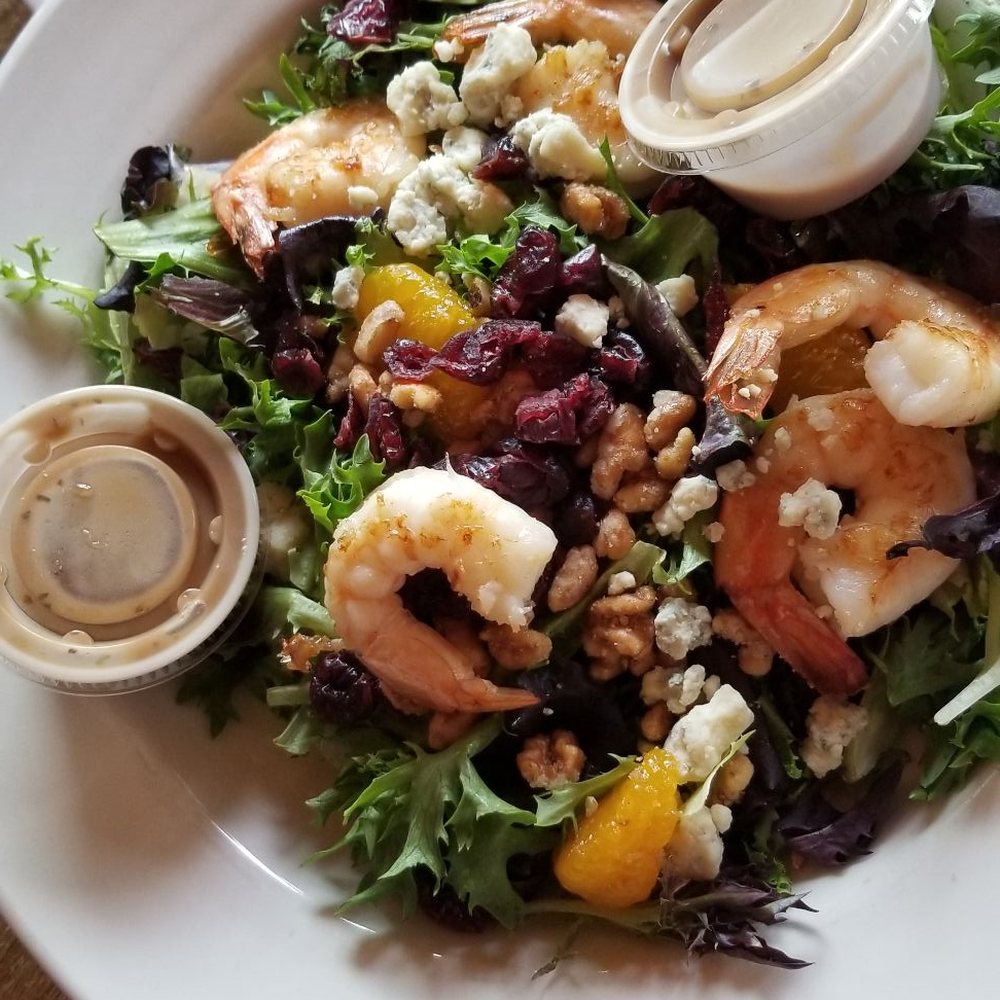 Indian Falls Log Cabin Restaurant - Cape Cod salad with shrimp, mandarin oranges, cranberries, blue cheese crumbles, and candied walnuts - Burgers Near Me - Corfu, New York Indian Falls Log Cabin Restaurant - Cape Cod salad with shrimp, mandarin oranges, cranberries, blue cheese crumbles, and candied walnuts - Burgers Near Me - Corfu, New York