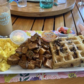 Chloez Cafe - Chocolate Chip Waffles & Scrambled Eggs with a side of Home Fries -- Iced Cinnabon Latte - Breakfast & Brunch Near Me - Fairfax Station, Virginia