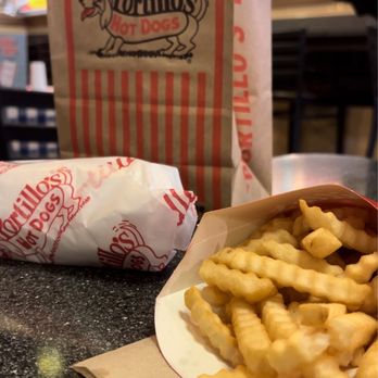Portillo's Elgin - Fries and my wrapped-up plant-based dog - Hot Dogs Near Me - Elgin, Illinois