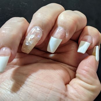 Art Nail & Spa - Coffin shaped, NY French Manicure with a crystalized design on each ring finger. - Nail Salons Near Me - Austin, Texas Art Nail & Spa - Coffin shaped, NY French Manicure with a crystalized design on each ring finger. - Nail Salons Near Me - Austin, Texas