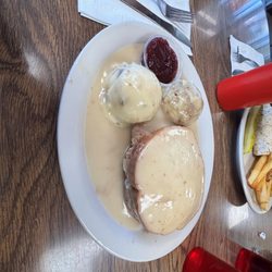 Gobblers Of Waters - Hot turkey sandwich with mashed potatoes, stuffing and cranberry sauce