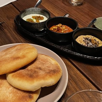 Aziza - Homemade flat bread + trio of spreads - Moroccan Near Me - San Francisco, California Aziza - Homemade flat bread + trio of spreads - Moroccan Near Me - San Francisco, California