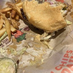 Burger was so greasy I had to leave half behind. Wasn't even good enough to take home Burger was so greasy I had to leave half behind. Wasn't even good enough to take home