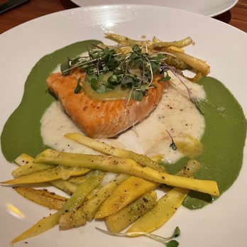 Passionfish - King salmon with summer squash, lemon jam, soubise, basil broth - Seafood Near Me - Pacific Grove, California Passionfish - King salmon with summer squash, lemon jam, soubise, basil broth - Seafood Near Me - Pacific Grove, California