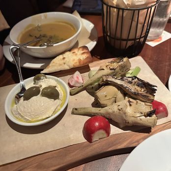 Seasons 52 - Roasted artichokes with lemon hummus...squash soup - New American Near Me - Costa Mesa, California Seasons 52 - Roasted artichokes with lemon hummus...squash soup - New American Near Me - Costa Mesa, California