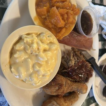The Loveless Cafe - Super Sampler Platter -- Country Ham, Loveless Cafe Fried Chicken, Pulled Pork Barbeque - Breakfast & Brunch Near Me - Nashville, Tennessee
