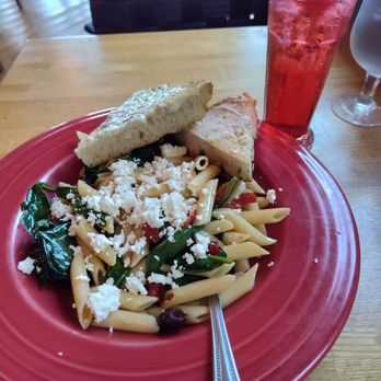 West End Pub - Athene Pasta with garlic focaccia and a tall unwieldy Shirley Temple. - American Near Me - Shelburne Falls, Massachusetts