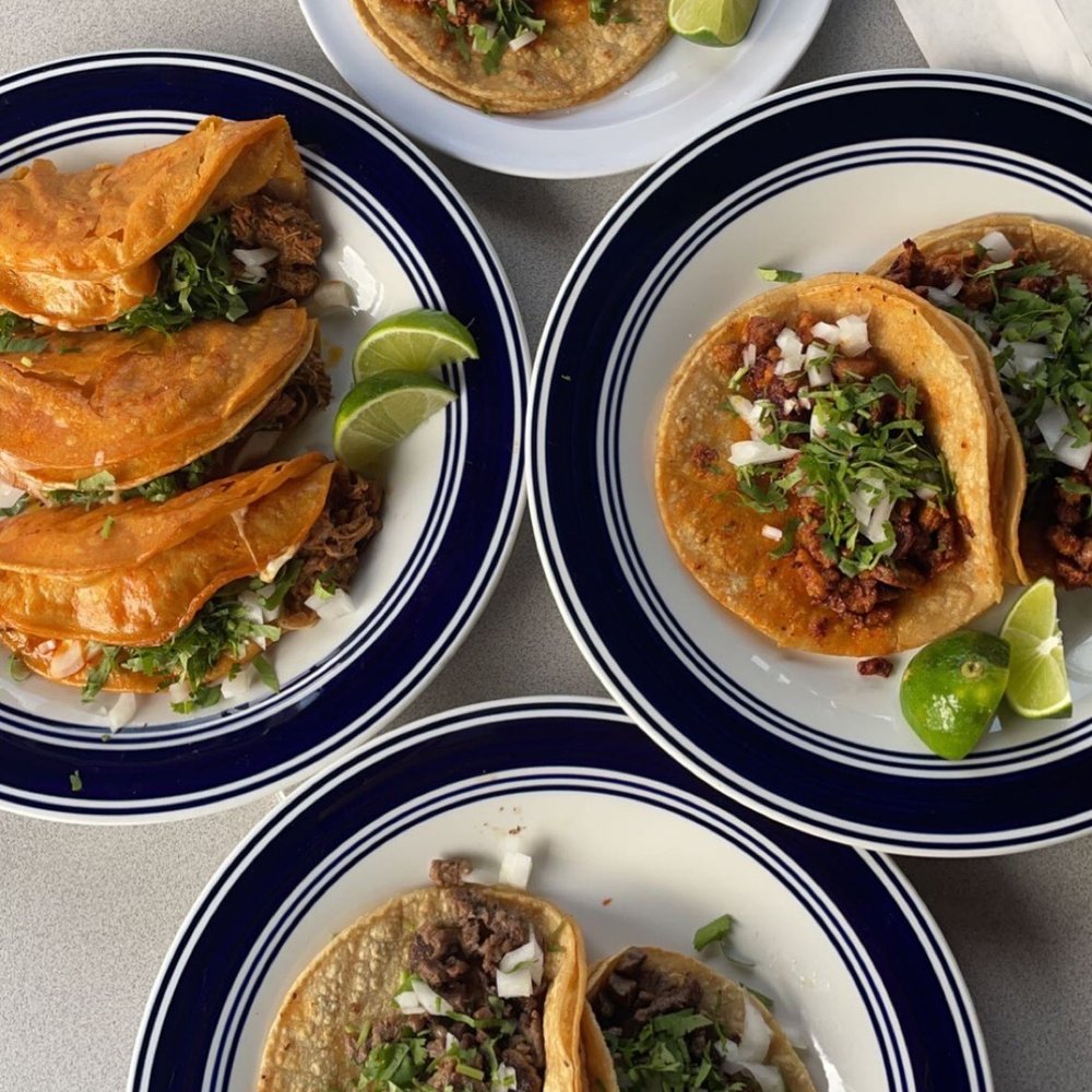Left: Quesabirria / Right: Al pastor / Top: Ground Beef / Bottom: Asada Left: Quesabirria / Right: Al pastor / Top: Ground Beef / Bottom: Asada