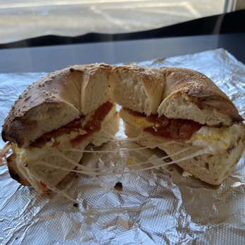 Pour Coffee & Bagel - Bacon, egg, cheese on a salt bagel - Coffee & Tea Near Me - Norwell, Massachusetts Pour Coffee & Bagel - Bacon, egg, cheese on a salt bagel - Coffee & Tea Near Me - Norwell, Massachusetts