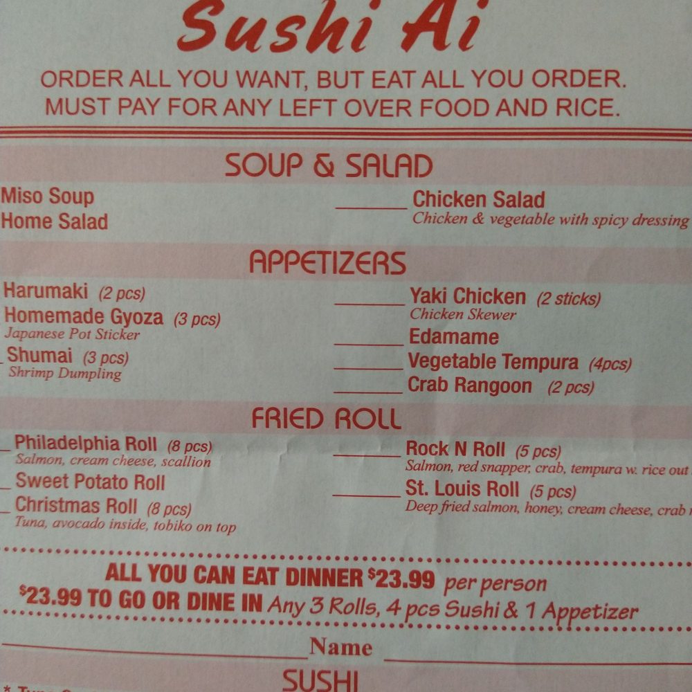 Sushi Ai - All You Can Eat dinner menu - Sushi Bars Near Me - O'Fallon, Missouri Sushi Ai - All You Can Eat dinner menu - Sushi Bars Near Me - O'Fallon, Missouri