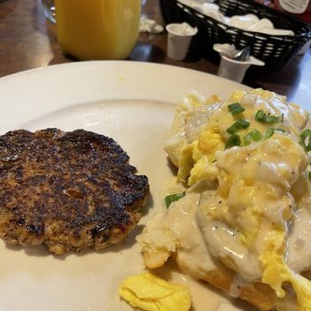 The Dixie Grill - Market St Benedict - biscuits, fried green tomatoes, Scrambled eggs and scallion gravy with a side of house made apple sage sausage. - Breakfast & Brunch Near Me - Wilmington, North Carolina The Dixie Grill - Market St Benedict - biscuits, fried green tomatoes, Scrambled eggs and scallion gravy with a side of house made apple sage sausage. - Breakfast & Brunch Near Me - Wilmington, North Carolina