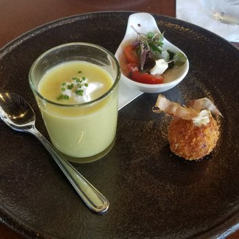 MW Restaurant - Chef Trio of Appetizers: Chilled Curry Cauliflower Soup, Greek Salad?, Unagi Arancini? - New American Near Me - Honolulu, Hawaii