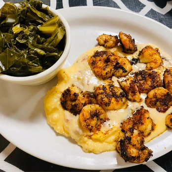 Driftwood Bistro - Regular size platter cheese grits with blackened shrimp and Collard Greens - Cafes Near Me - Island, Georgia