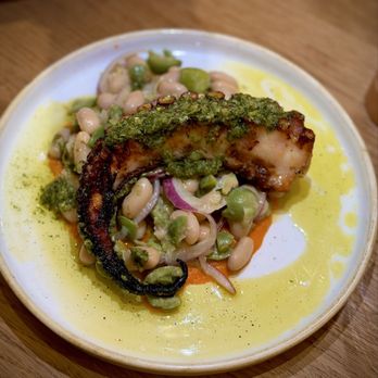 Celeste - CHARRED OCTOPUS: Castlevetrano olive & cannellini bean, frisee, shaved red onions, piri piri, EVOO. One of my faves of the night. - Desserts Near Me - Narragansett, Rhode Island