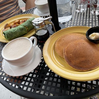 The Grain Cafe - Breakfast Burrito (top) Plain Pancakes (bottom) House Cafecito (drinks) - Vegan Near Me - Long Beach, California