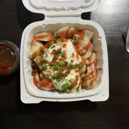 Beef Pelmeni with the works and hot sauce. Excellent !