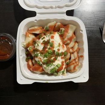 Pelmeni Pelmeni - Beef Pelmeni with the works and hot sauce. Excellent ! - Russian Near Me - Portland, Oregon