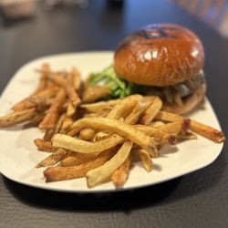 Morning Mist Cafe - Mushroom burger with hand-cut fries.
