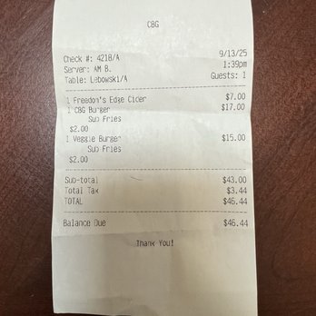 CBG Bar & Grill - Bill of sale - American Near Me - Portland, Maine
