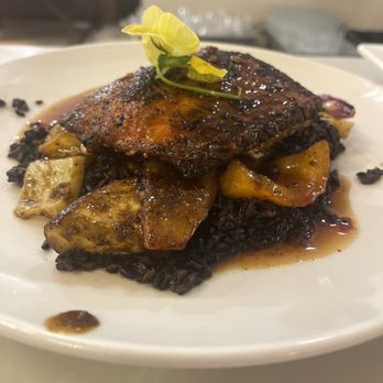 Truffle Honey - Blackened wild salmon, roasted, local seasonal vegetables on a bed of Forbidden rice. I had to lick the plate...so good! - Pizza Near Me - Mayville, New York Truffle Honey - Blackened wild salmon, roasted, local seasonal vegetables on a bed of Forbidden rice. I had to lick the plate...so good! - Pizza Near Me - Mayville, New York
