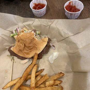 Burgerworx - The perfect smash ( pickles, onions, Worx Sauce).  A basket of fries served 3 in our party. - Burgers Near Me - Asheville, North Carolina