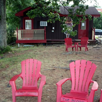 The Scoop - three red chairs in front of a cabin - Ice Cream & Frozen Yogurt Near Me - Bala, Ontario