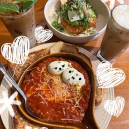 Shakshouka, mint iced tea latte, banana ice coffee, and I forgot the other dish Shakshouka, mint iced tea latte, banana ice coffee, and I forgot the other dish