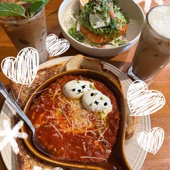 Bespoke All Day Cafe - Shakshouka, mint iced tea latte, banana ice coffee, and I forgot the other dish - Breakfast & Brunch Near Me - Las Vegas, Nevada Bespoke All Day Cafe - Shakshouka, mint iced tea latte, banana ice coffee, and I forgot the other dish - Breakfast & Brunch Near Me - Las Vegas, Nevada