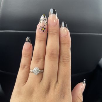 Milano Nails Bar - black french with flowers - Nail Salons Near Me - Gardena, California Milano Nails Bar - black french with flowers - Nail Salons Near Me - Gardena, California