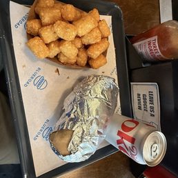 Tater tots, Buffalo Chicken Wrap, Diet Coke Tater tots, Buffalo Chicken Wrap, Diet Coke
