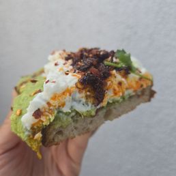 See the layers of the La La Dream Toast -- the pesto on the bottom was overpowered by the other ingredients See the layers of the La La Dream Toast -- the pesto on the bottom was overpowered by the other ingredients