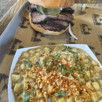 Longleaf Swine BBQ - Brisket sandwich with esquites - Southern Near Me - Raleigh, North Carolina