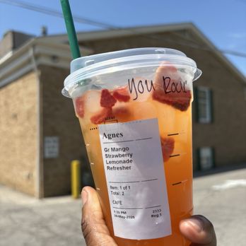 Starbucks - Mango Strawberry Lemonade Refresher $5.45 (Grande - medium size) - 16fl oz size / on Saturday, 9 May 2026 - Coffee & Tea Near Me - Rocky River, Ohio Starbucks - Mango Strawberry Lemonade Refresher $5.45 (Grande - medium size) - 16fl oz size / on Saturday, 9 May 2026 - Coffee & Tea Near Me - Rocky River, Ohio