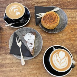 Oat Milk cappuccino, slice of cherry polenta cake, and a green apple and gruyère scroll! All so yummy Oat Milk cappuccino, slice of cherry polenta cake, and a green apple and gruyère scroll! All so yummy
