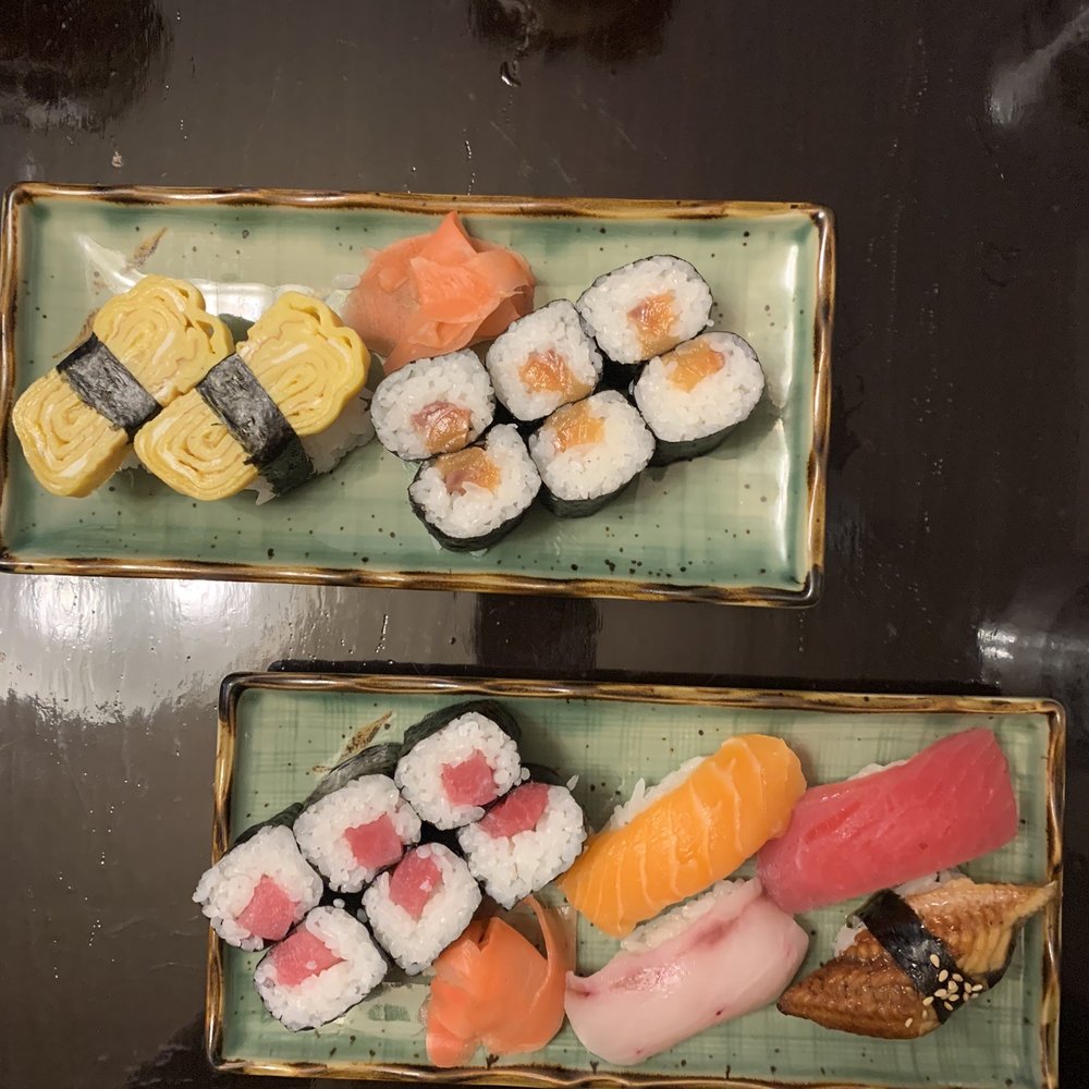 Sushi Dinner (Top: Tamago Sushi, Salmon Roll) Platter Sushi Appetizer (Bottom: Tuna roll, Salmon, Tuna, Yellowtail, and Eel Nigiri) Sushi Dinner (Top: Tamago Sushi, Salmon Roll) Platter Sushi Appetizer (Bottom: Tuna roll, Salmon, Tuna, Yellowtail, and Eel Nigiri)