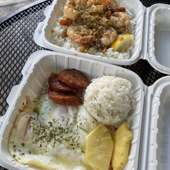 EbiNomi - EbiKahuku (Garlic Shrimps) & Portuguese sausage & Eggs - Asian Fusion Near Me - Honolulu, Hawaii