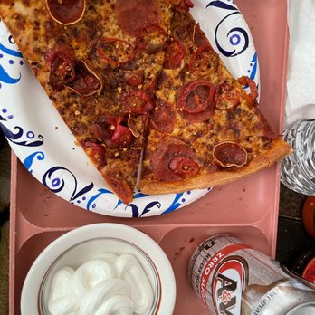 Pizza Hut - My two slices of PIZZA HUT'S new SPICY LOVER'S pizza and a dish of sour cream to dip pizza into! Perfectly spicy! - Pizza Near Me - East Peoria, Illinois Pizza Hut - My two slices of PIZZA HUT'S new SPICY LOVER'S pizza and a dish of sour cream to dip pizza into! Perfectly spicy! - Pizza Near Me - East Peoria, Illinois