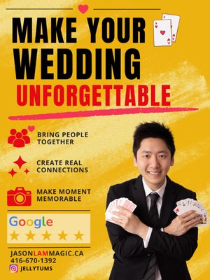 Weddings - Make your wedding truly unforgettable with Jason Lam’s strolling magic, designed specifically for wedding cocktail hours. When friends, family, and colleagues gather to celebrate, Jason’s magic helps break the ice, entertains guests during photos, and fills those quiet moments before the reception begins. It transforms downtime into a memorable highlight and shows your commitment to your guests’ experience.
-Vegas-Style Strolling Magic (Cocktail Hour):
Rather than moving from group to group, Jason sets up an elegant station where guests can enjoy short, high-impact performances up close. This approach allows guests to engage at their own pace, creates a natural gathering point, and delivers a focused, mini-show experience they’ll remember long after the event.
-Customizable Show (5–15 Minutes):
Want a grand entrance? Jason can introduce the bride and groom as they enter and transition into a high-energy, customizable show for everyone. This 5–15 minute performance brings your entire wedding together for a fun, shared experience—making your special moment even more magical.
Enhance your big day with live entertainment that’s personal, interactive, and impossible to forget. Book your date now! Weddings - Make your wedding truly unforgettable with Jason Lam’s strolling magic, designed specifically for wedding cocktail hours. When friends, family, and colleagues gather to celebrate, Jason’s magic helps break the ice, entertains guests during photos, and fills those quiet moments before the reception begins. It transforms downtime into a memorable highlight and shows your commitment to your guests’ experience.
-Vegas-Style Strolling Magic (Cocktail Hour):
Rather than moving from group to group, Jason sets up an elegant station where guests can enjoy short, high-impact performances up close. This approach allows guests to engage at their own pace, creates a natural gathering point, and delivers a focused, mini-show experience they’ll remember long after the event.
-Customizable Show (5–15 Minutes):
Want a grand entrance? Jason can introduce the bride and groom as they enter and transition into a high-energy, customizable show for everyone. This 5–15 minute performance brings your entire wedding together for a fun, shared experience—making your special moment even more magical.
Enhance your big day with live entertainment that’s personal, interactive, and impossible to forget. Book your date now!