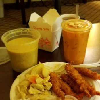 Champion Thai Restaurant - Coconut shrimp yellow curry with Jasmine rice and Thai iced tea - Thai Near Me - Lodi, California