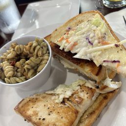 Mahi Reuben with pasta salad. Reuben was missing the coleslaw. Pasta salad was total salt/olive overload. Mahi Reuben with pasta salad. Reuben was missing the coleslaw. Pasta salad was total salt/olive overload.
