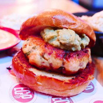 EGP Gastropub - Closeup of the Salmon and Crab burger - Gastropubs Near Me - Oceanside, New York EGP Gastropub - Closeup of the Salmon and Crab burger - Gastropubs Near Me - Oceanside, New York