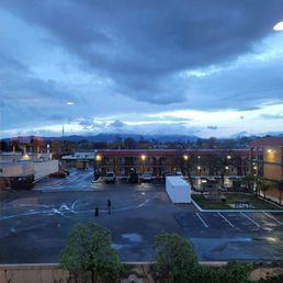 View of hotel next door + fresh snowcapped mountain