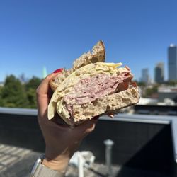 Darke Pines - Grass-fed pastrami, coleslaw, sandwich sauce, and swiss on balthazar bakery rye sourdough