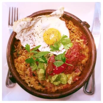 Medina Cafe - Paella : orzo, chorizo, egg, tomato sauce, avocado, seasonal vegetables - Breakfast & Brunch Near Me - Vancouver, British Columbia
