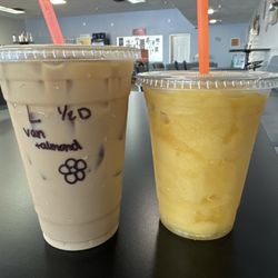 Vanilla Almond ice latte and peach passion smoothie