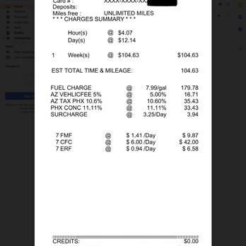 Fox Rent A Car - What Fox actually charged me. Notice drop off time. - Car Rental Near Me - Phoenix, Arizona