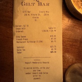 Gilt Bar - Receipt - New American Near Me - Chicago, Illinois