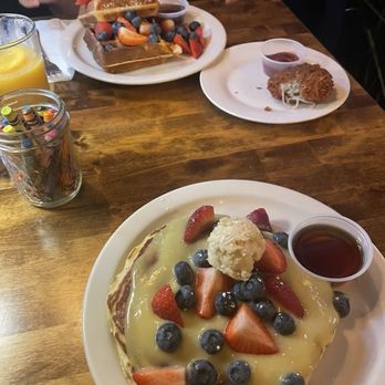 Pearl Moon - House made waffle and lemon curd pancake- with hash brown - Pancakes Near Me - Woodstock, New York Pearl Moon - House made waffle and lemon curd pancake- with hash brown - Pancakes Near Me - Woodstock, New York