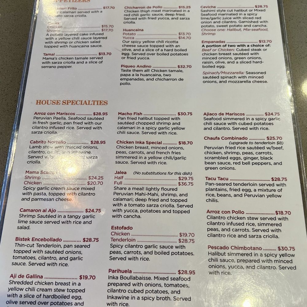Inka Mama's - The front of the menu with the main course selections. - Peruvian Near Me - Tustin, California