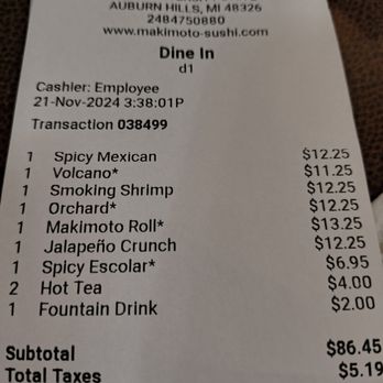 Makimoto Sushi - Here is the total for 3 people. REASONABLE! - Sushi Bars Near Me - Auburn Hills, Michigan